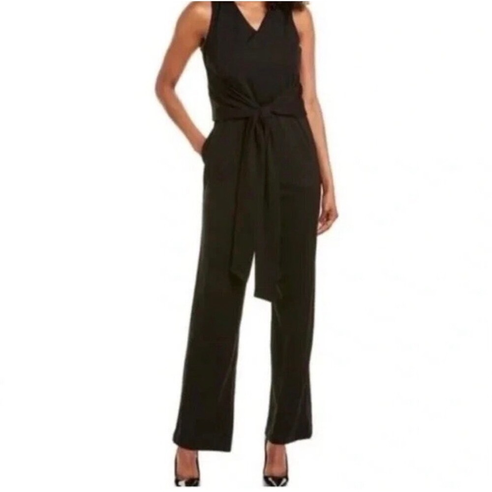 J.McLaughlin Raye Black Sleeveless V-Neck Tie Waist Jumpsuit Peplum Back Medium‎